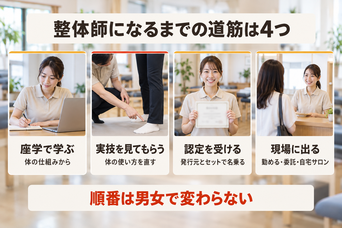 女性が整体師になるまでの道筋を学ぶ・実技・認定・働くの4段階で示した図