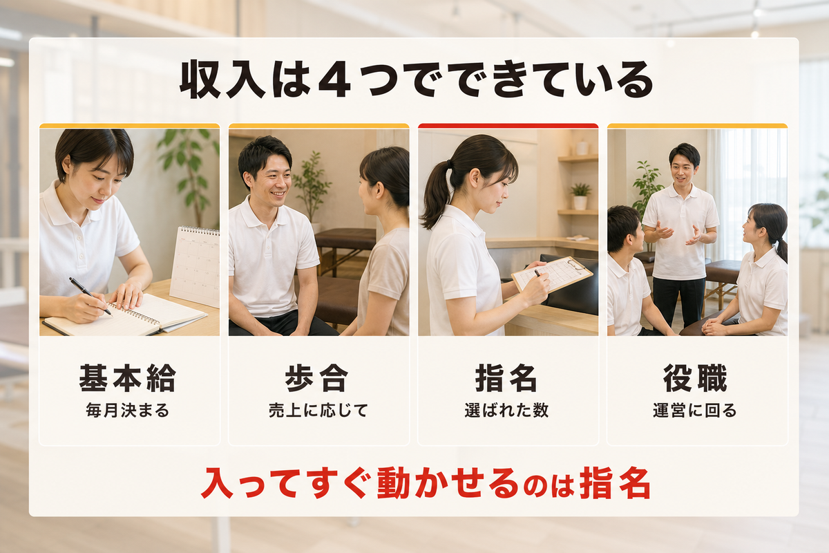 整体師の収入が基本給・歩合・指名・役職の4つで組み立てられていることを示した図