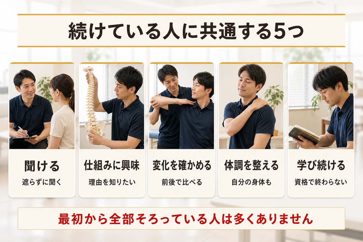 整体師に向いている人の5つの特徴を横並びで示した図