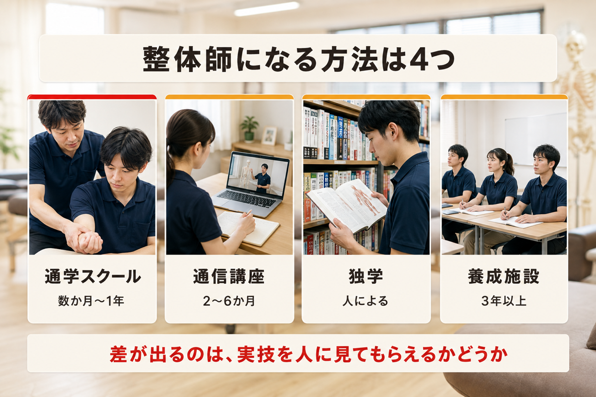 整体師になる4つの方法を横に並べて比べた図