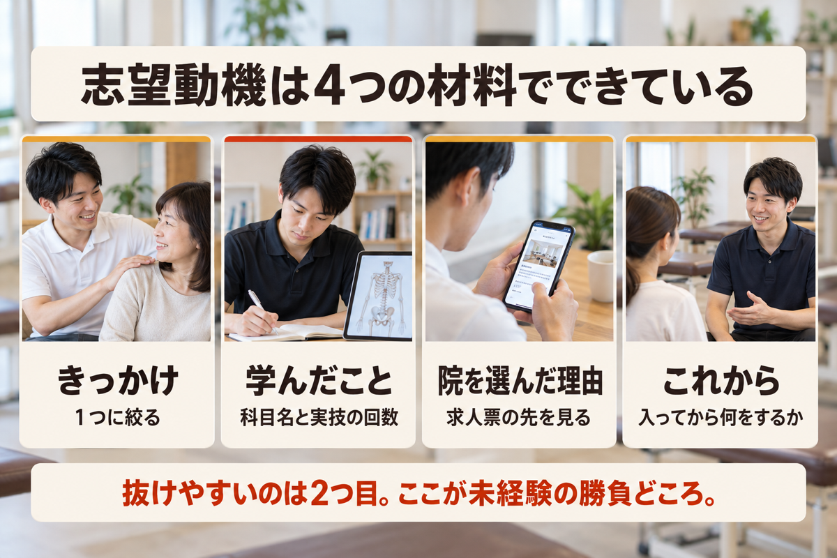整体師の志望動機を組み立てる4つの材料を横に並べた図