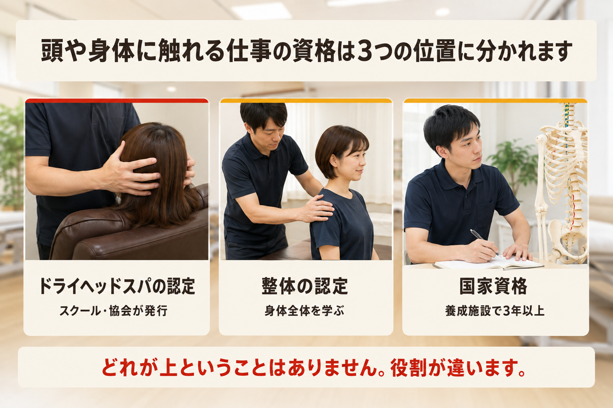 ドライヘッドスパの認定・整体の認定・国家資格を横に並べて比べた図