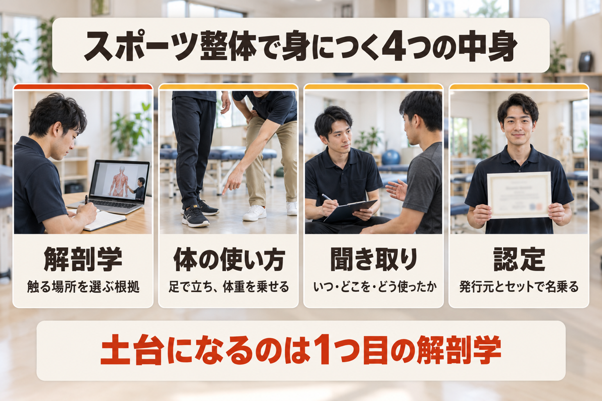 スポーツ整体の資格で身につく4つの中身を解剖学・体の使い方・聞き取り・認定で示した図