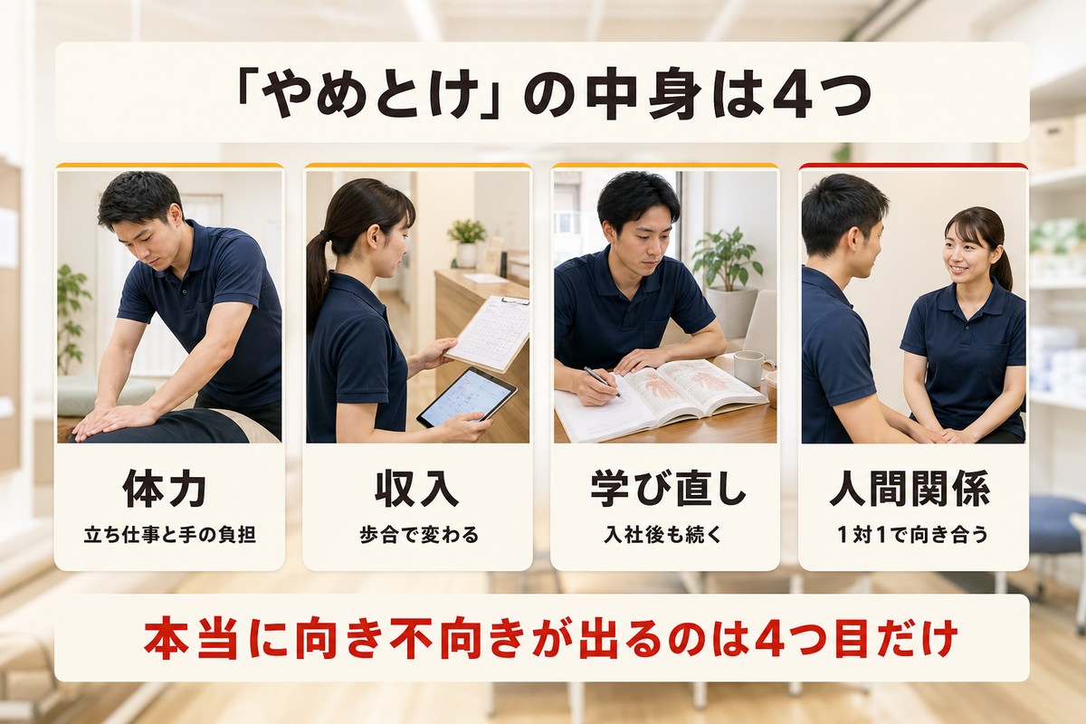 整体師はやめとけと言われる4つの理由を横並びで示した図