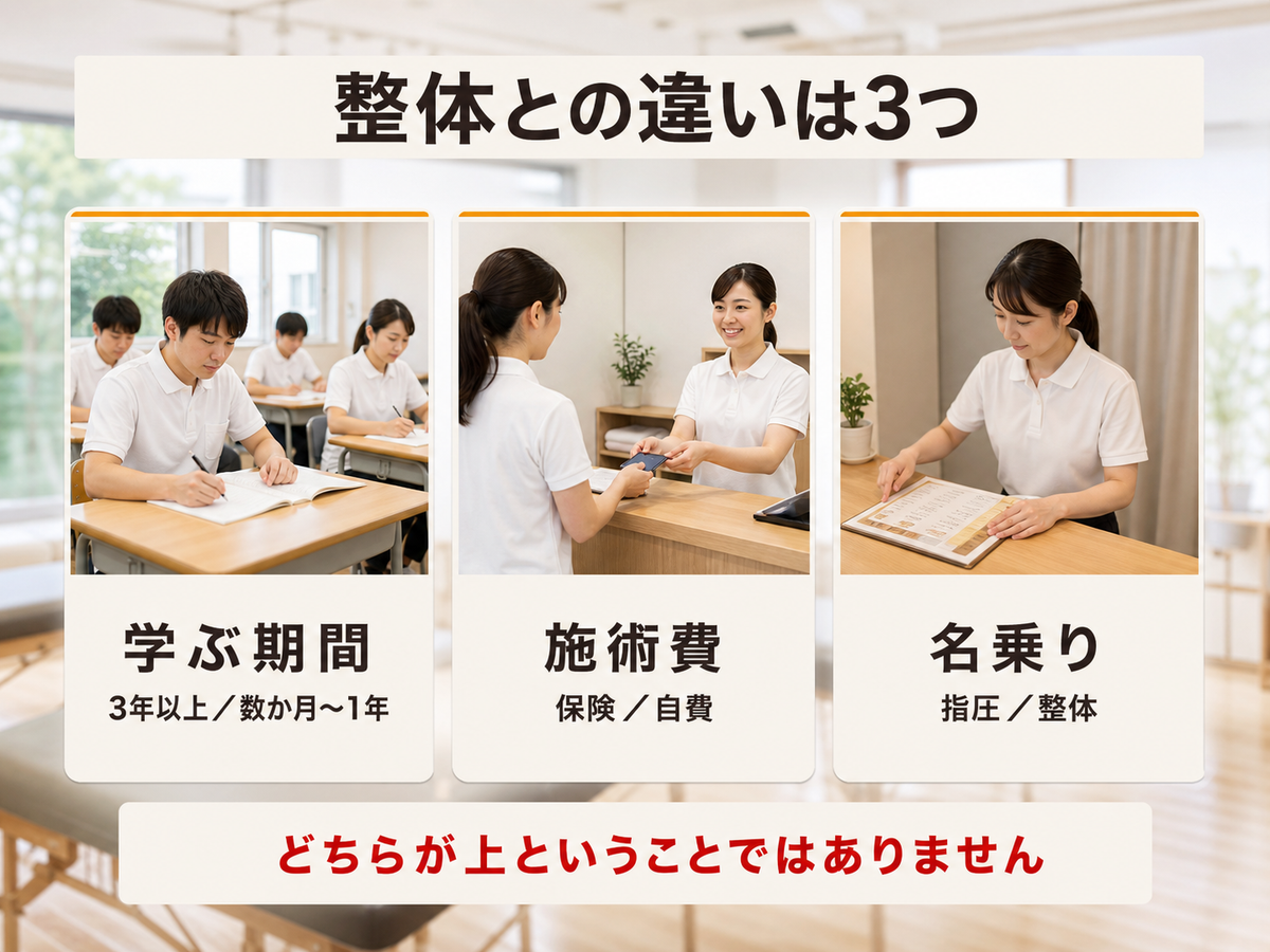 あん摩マッサージ指圧師と整体の3つの違いを示した図