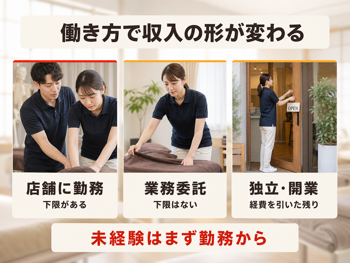 勤務・業務委託・独立の3つの働き方で収入の形が違うことを示した図