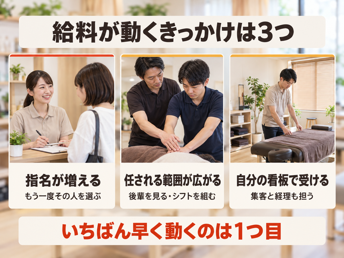 整体師の給料が動く3つのきっかけを左から順に示した図