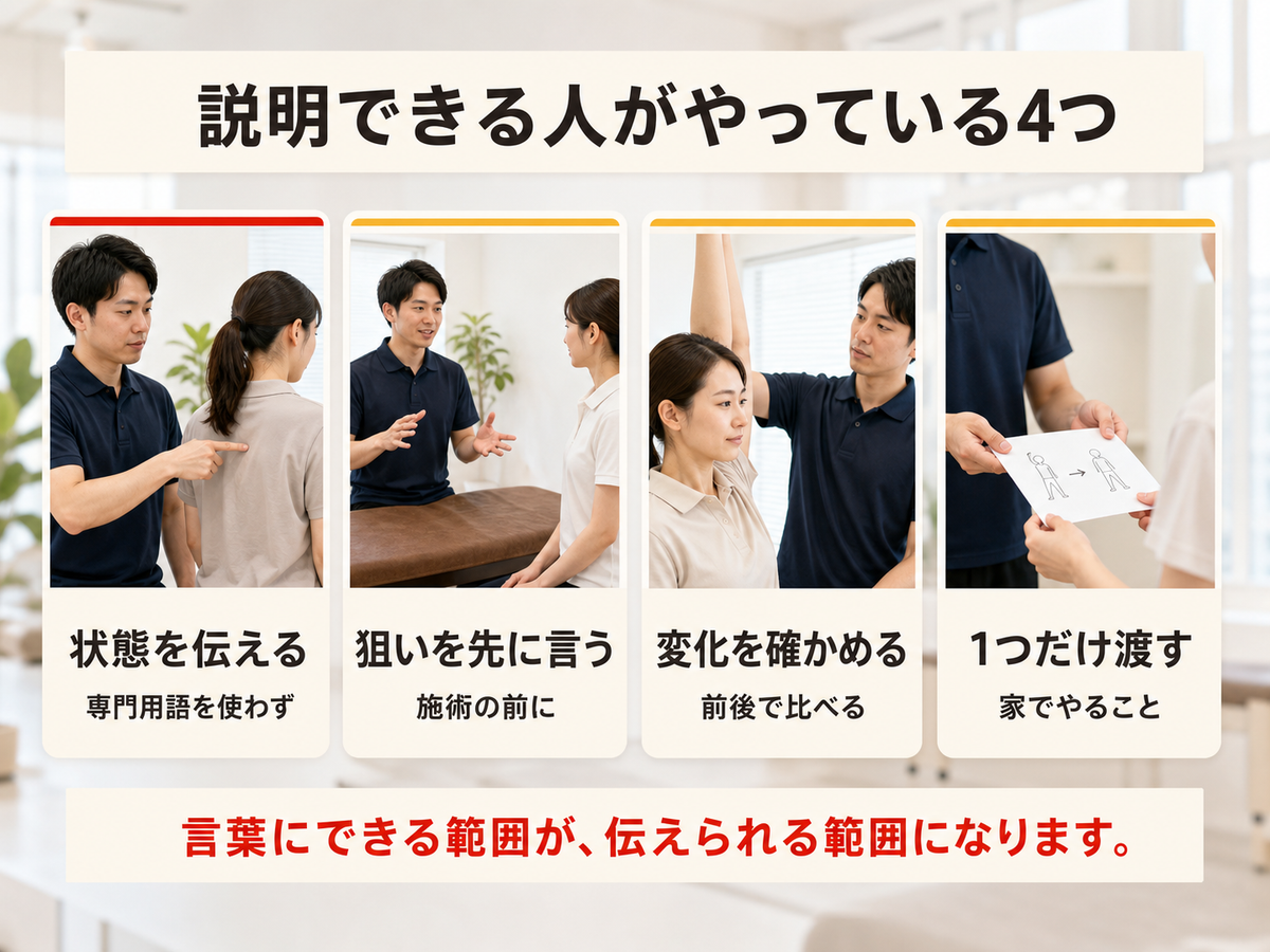 説明できる整体師が施術前後にやっている4つの手順を示した図