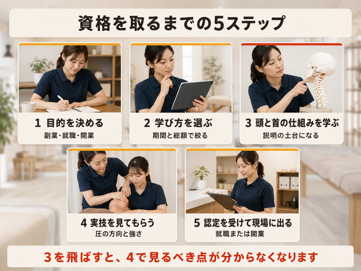 ドライヘッドスパの資格を取って働き始めるまでの5ステップを順に示した図