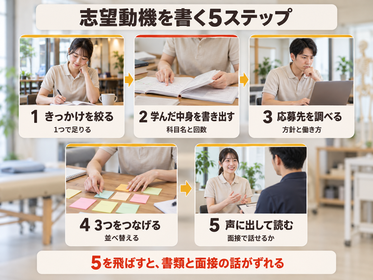 整体師の志望動機を書く5つのステップを順に示した図
