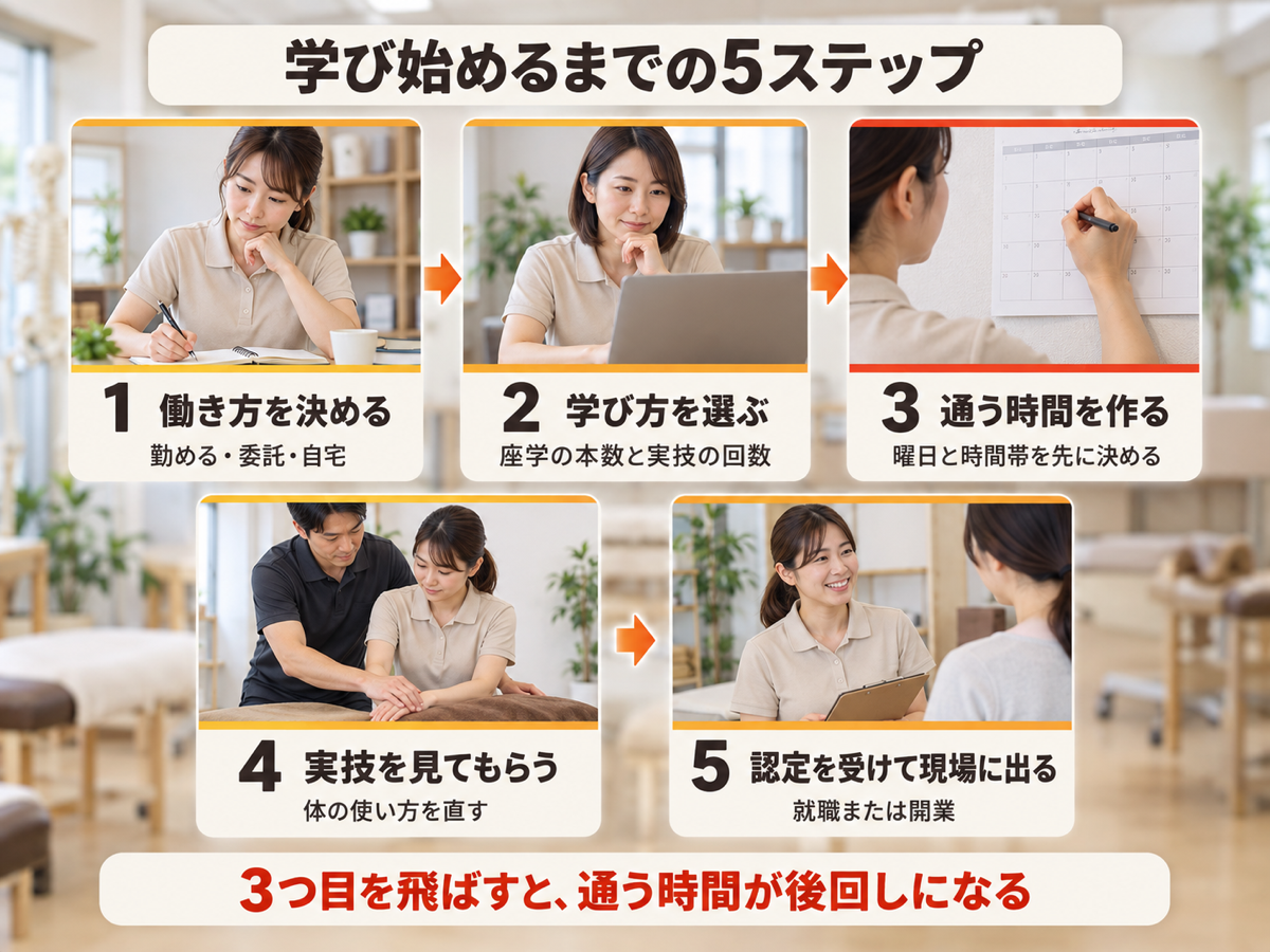 女性が整体師として学び始めるまでの5ステップを順に示した図