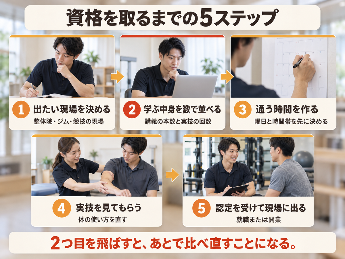 スポーツ整体の資格を取るまでの5ステップを順に示した図