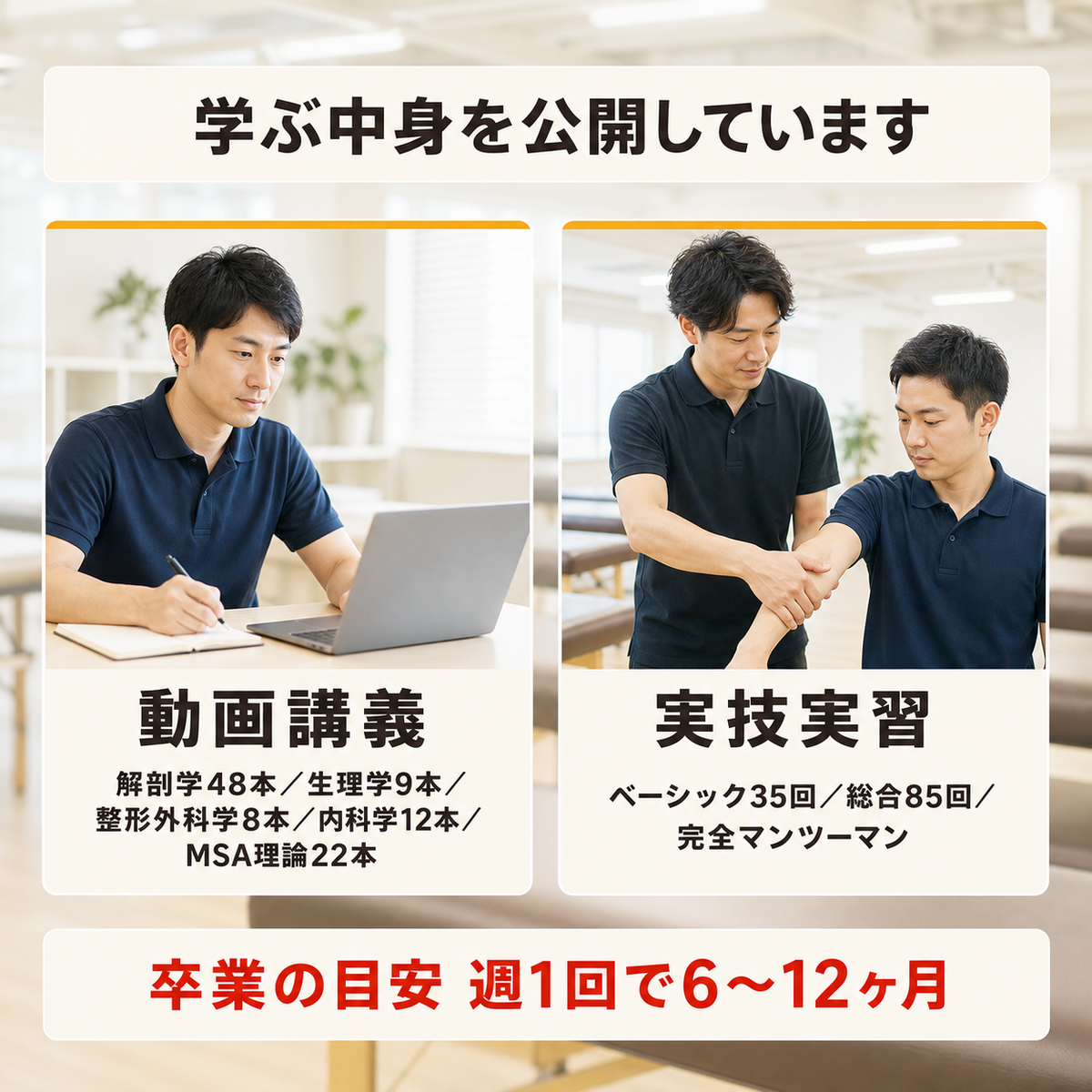 メディカル整体アカデミーで学ぶ内容の構成を示した図