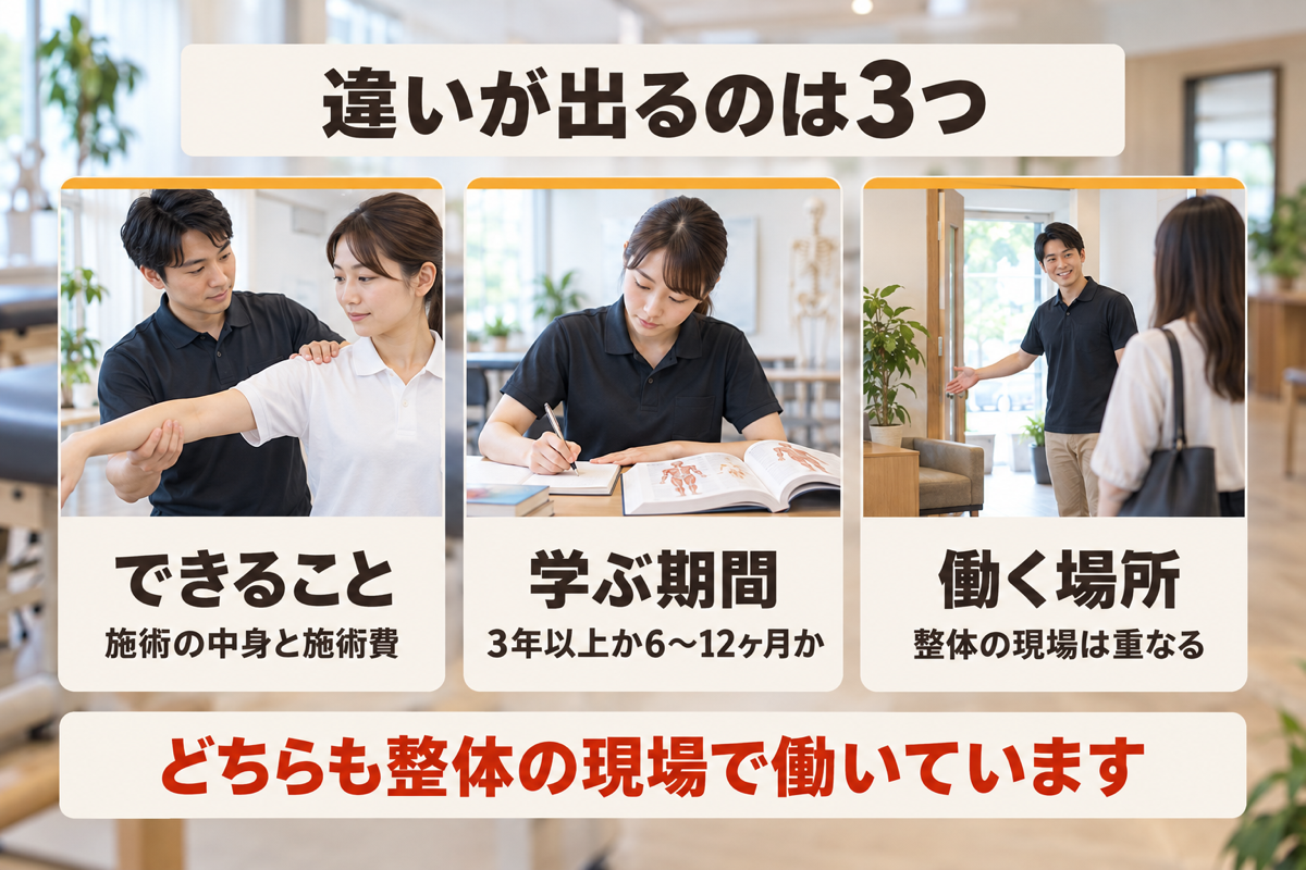 柔道整復師と整体師の違いをできること・学ぶ期間・働く場所の3つで示した図