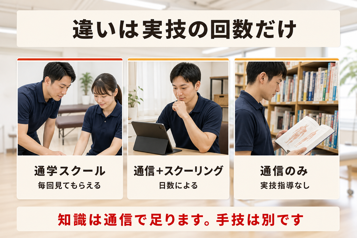 通信講座と通学スクールの違いが実技の回数にあることを示した図
