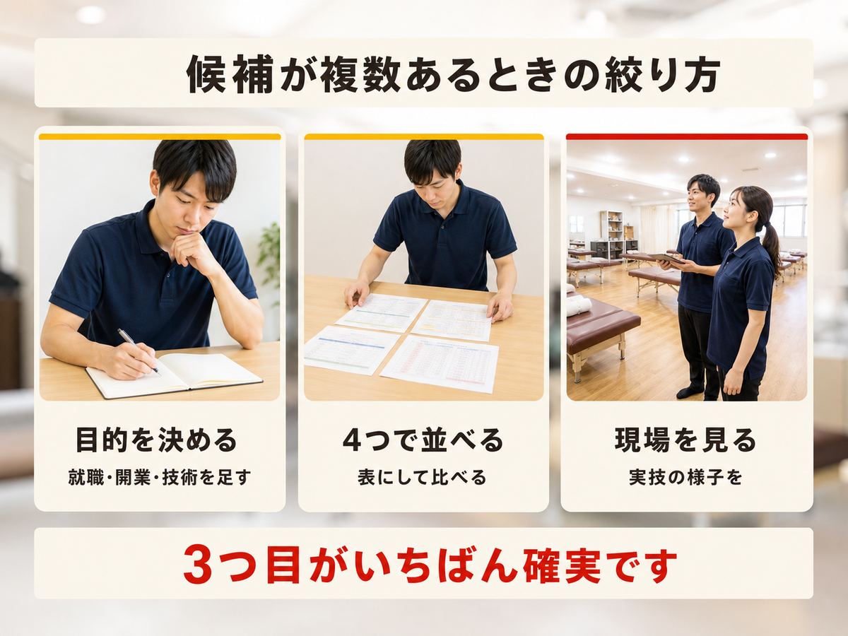 整体の民間資格を選ぶ3つの手順を示した図