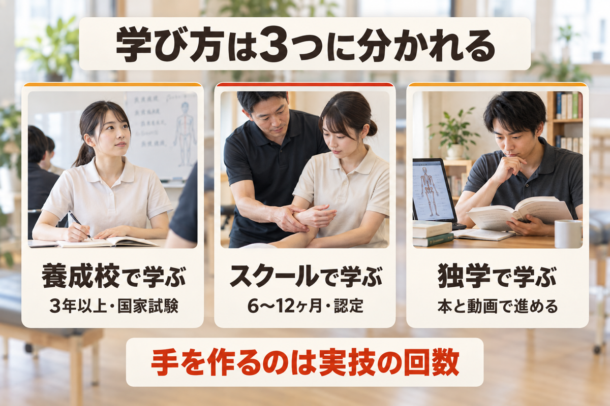 整体にかかわる学び方を養成校・スクール・独学の3つに分けて期間とともに示した図
