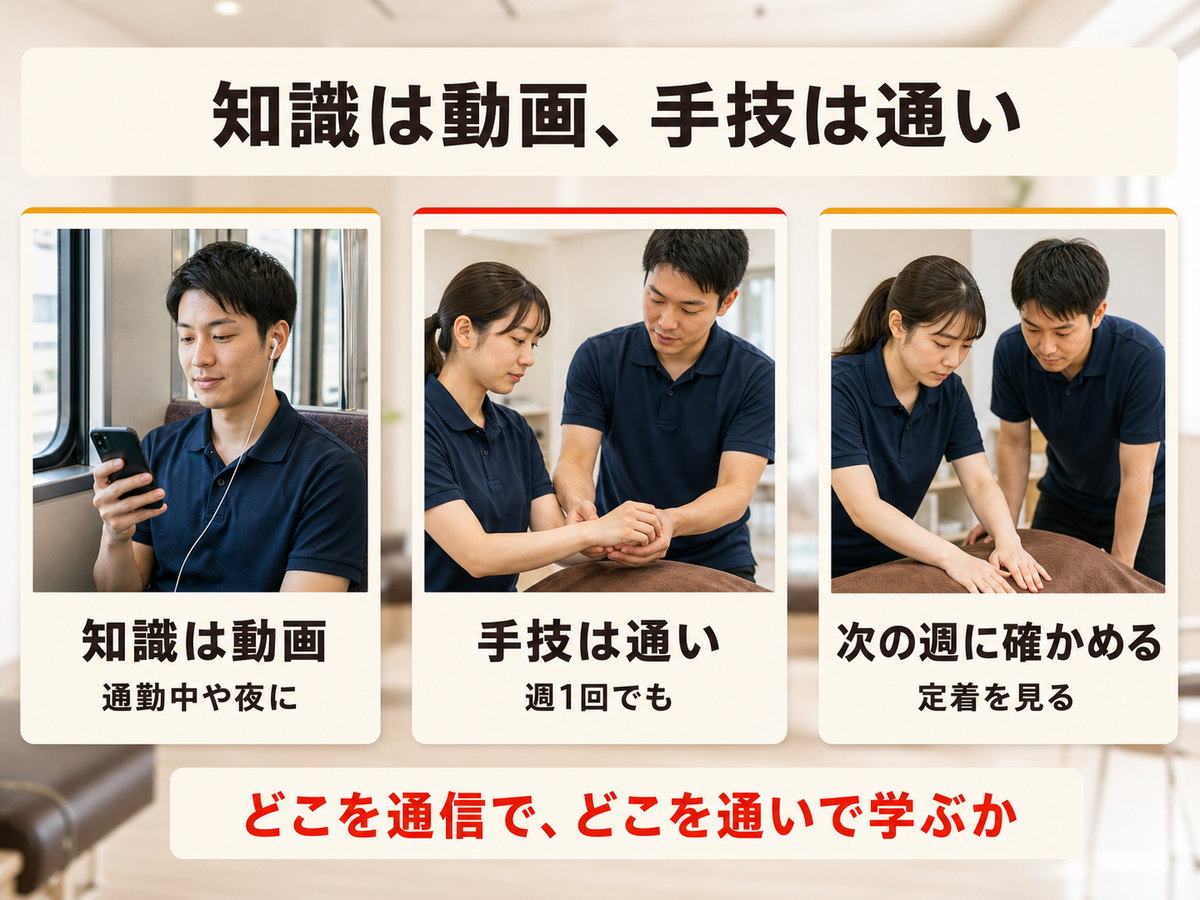 知識は動画で手技は通いで学ぶ使い分けを示した図