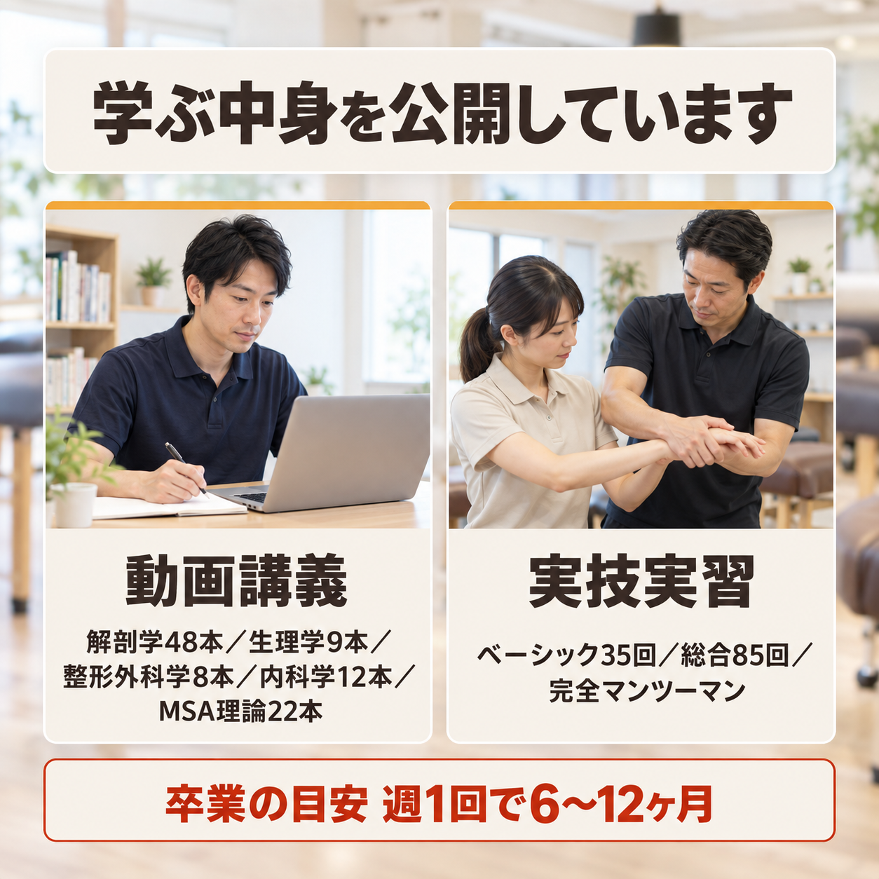 メディカル整体アカデミーで学ぶ内容の構成を示した図